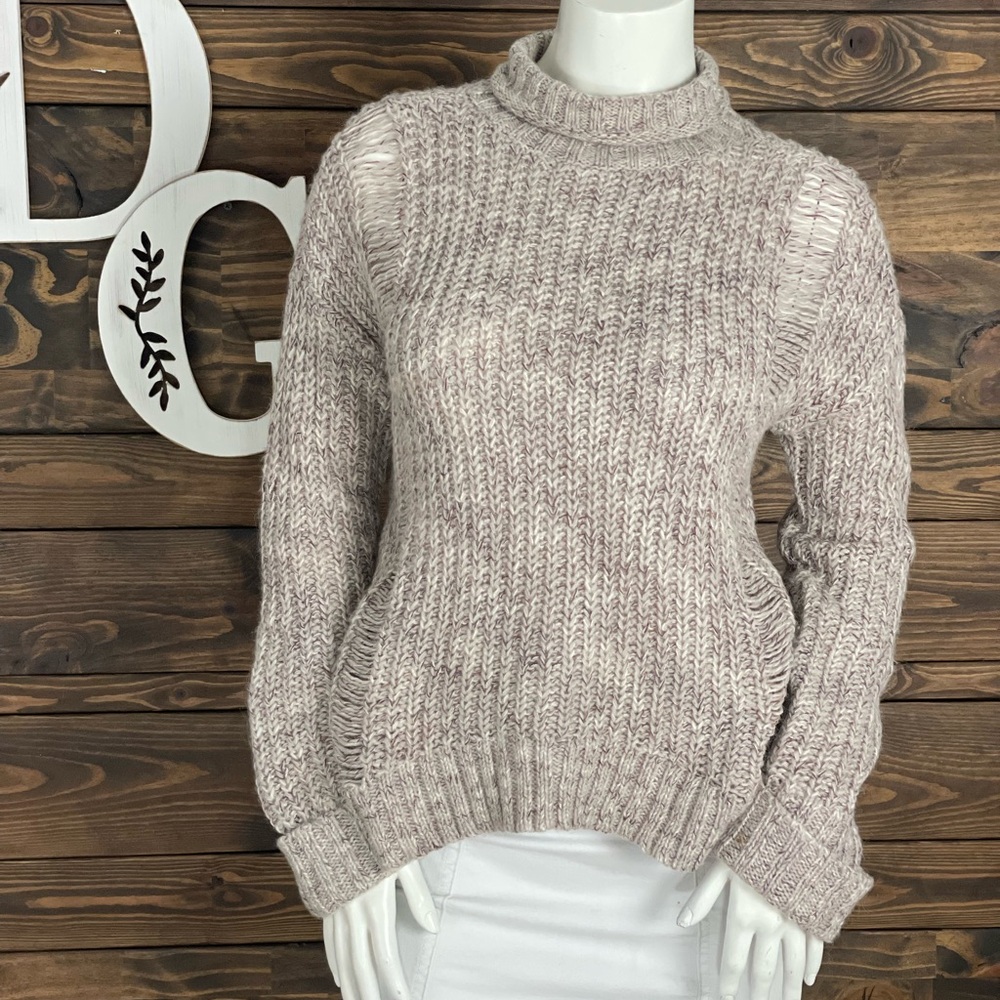 Express | Chunky Knit Oatmeal Cowl-neck Turtleneck Sweater Lattice Knit Ribbed